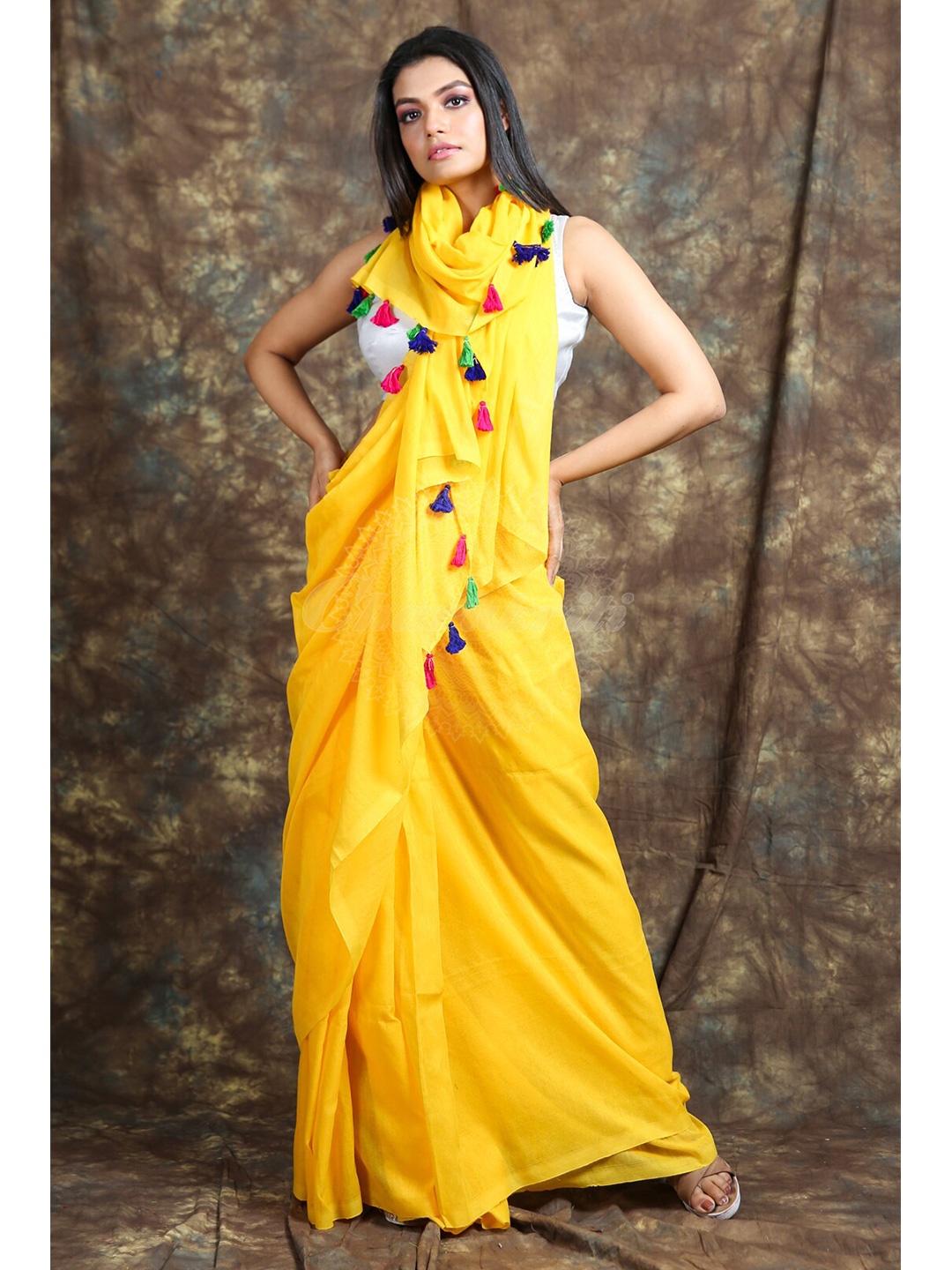 

Charukriti Yellow & Blue Cotton Blend Saree