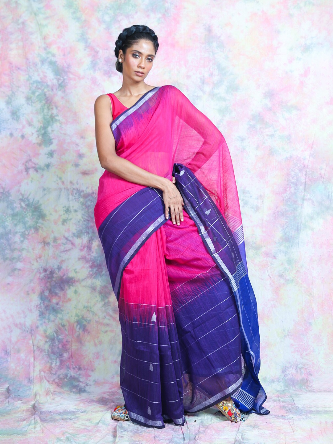 

Charukriti Pink & Blue Woven Design Handloom Saree