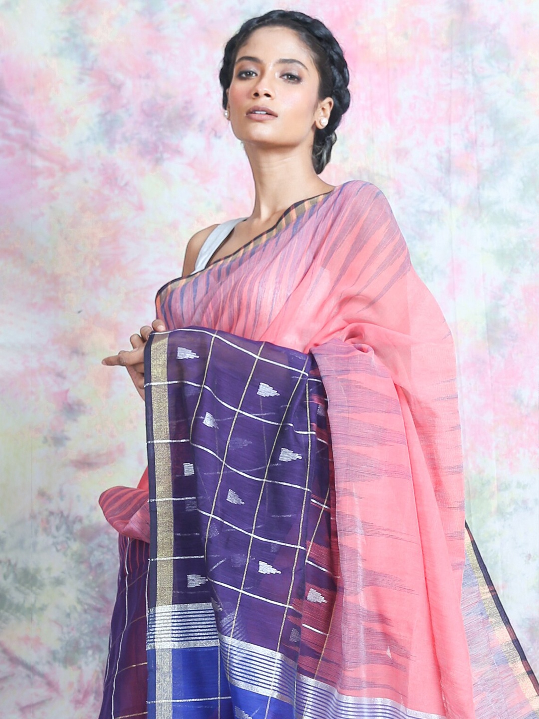 

Charukriti Peach-Coloured & Blue Woven Design Saree
