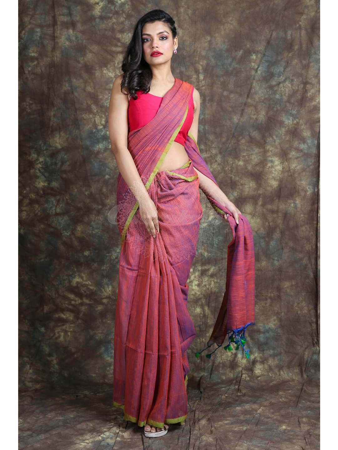 

Charukriti Red & Blue Cotton Blend Saree