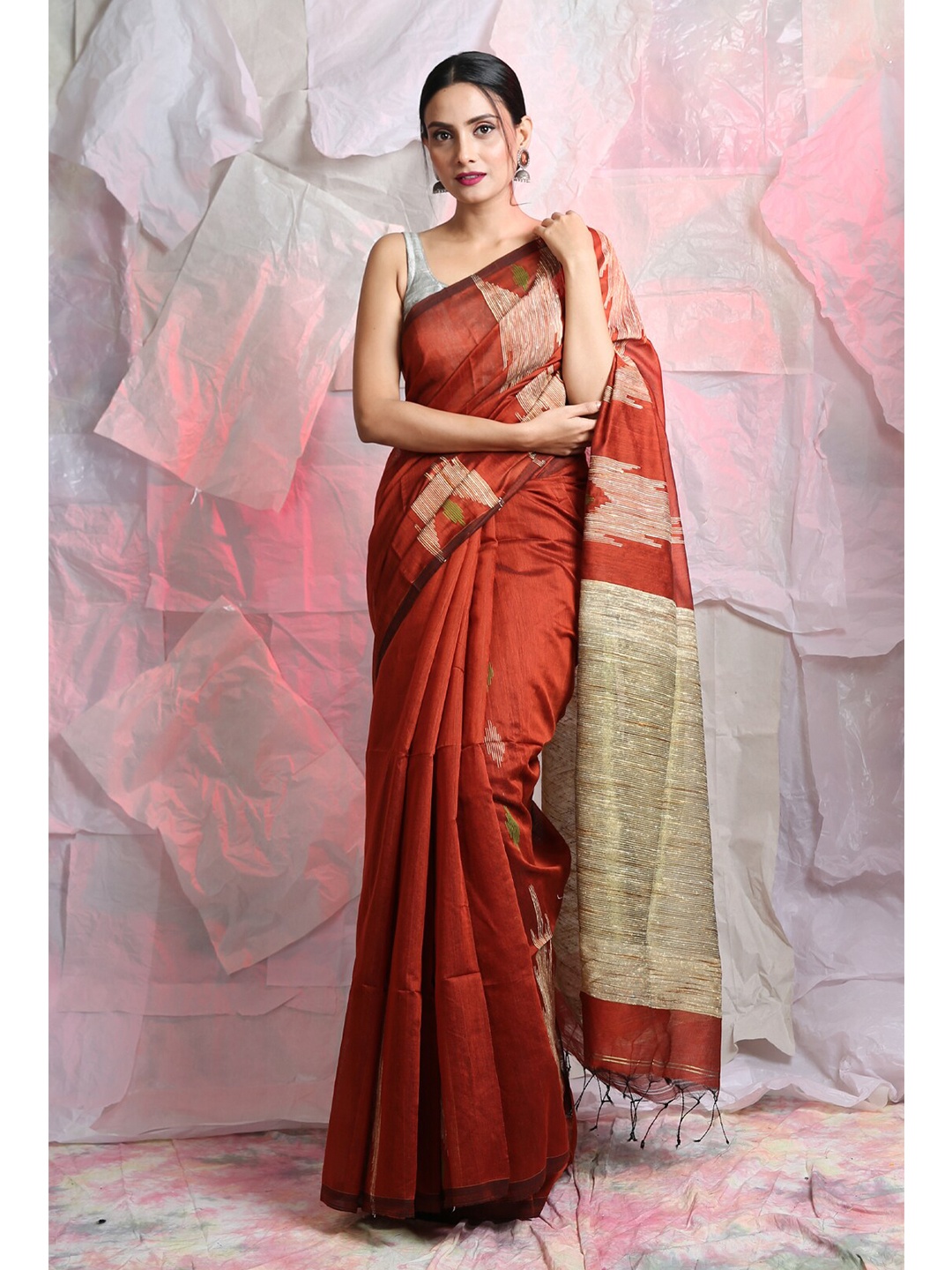 

Charukriti Rust & Beige Woven Design Saree