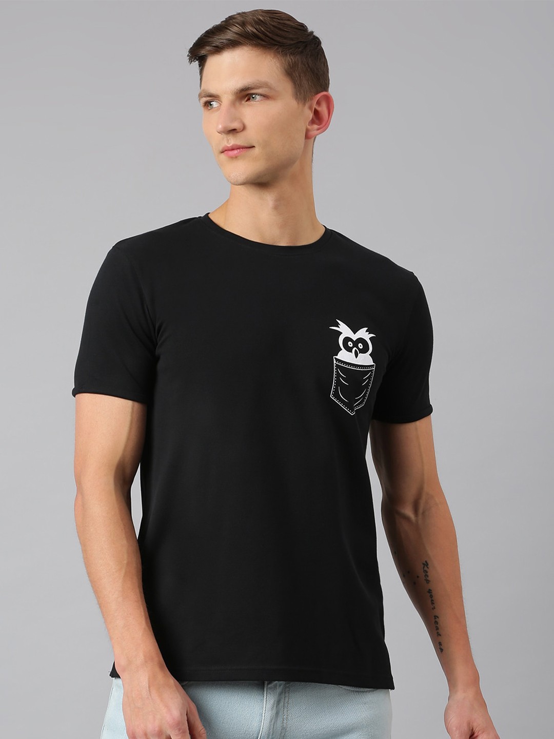 

Thomas Scott Men Black & White Printed Round Neck Cotton Sustainable T-shirt
