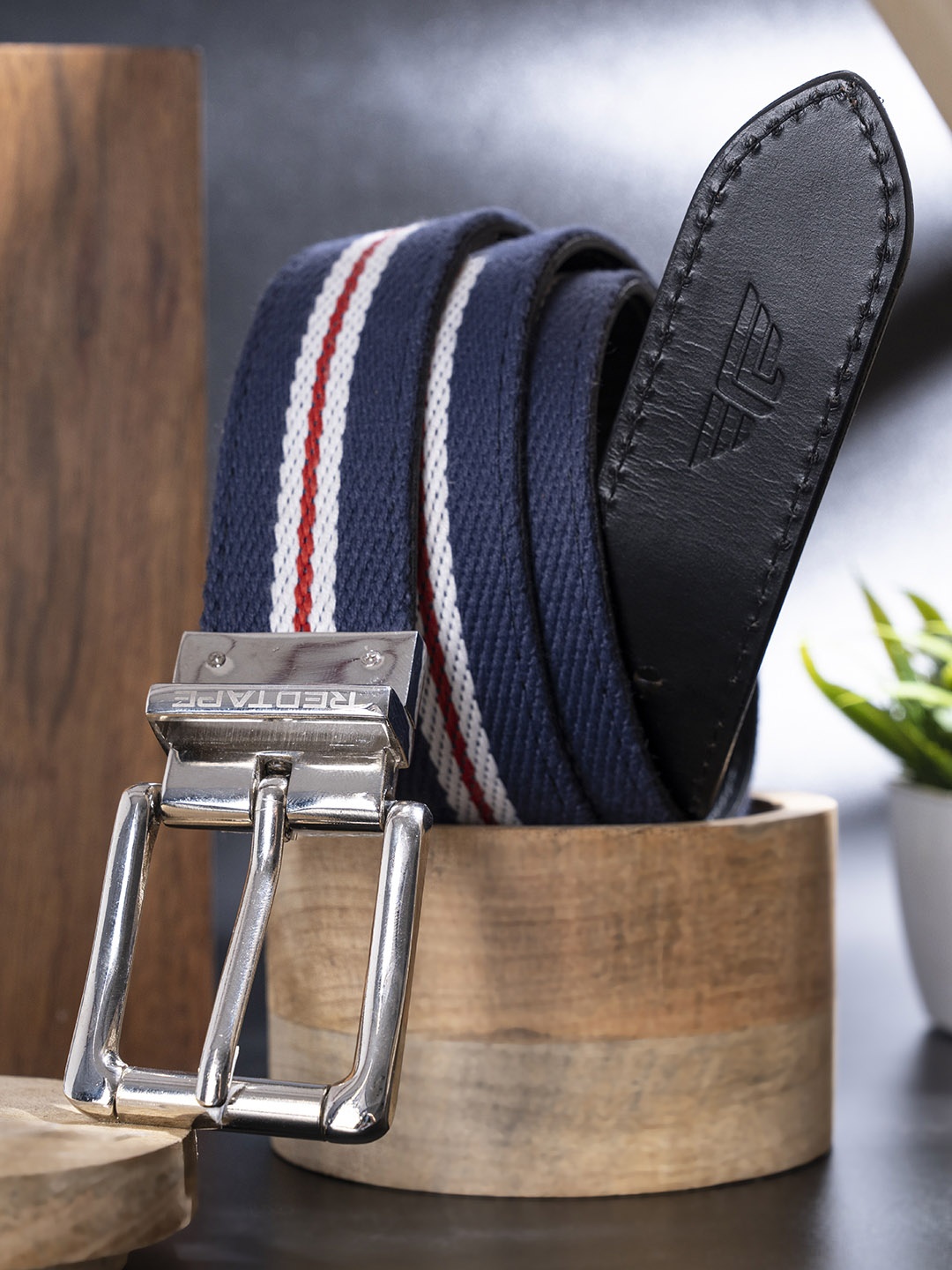 

Red Tape Men Navy Blue & Black Textured Reversible Leather Belt