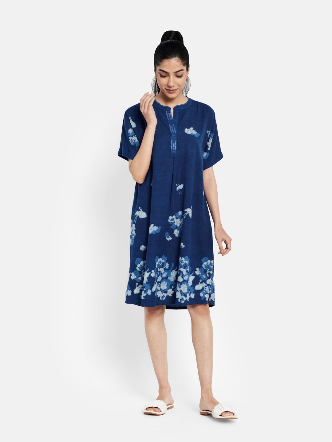 

Fabindia Women Navy Blue Floral Linen A-Line Dress