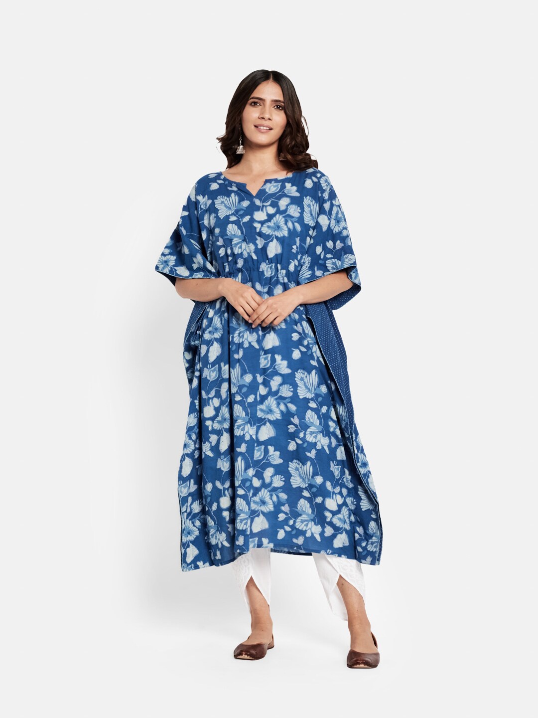 

Fabindia Navy Blue Floral Kaftan Midi Dress