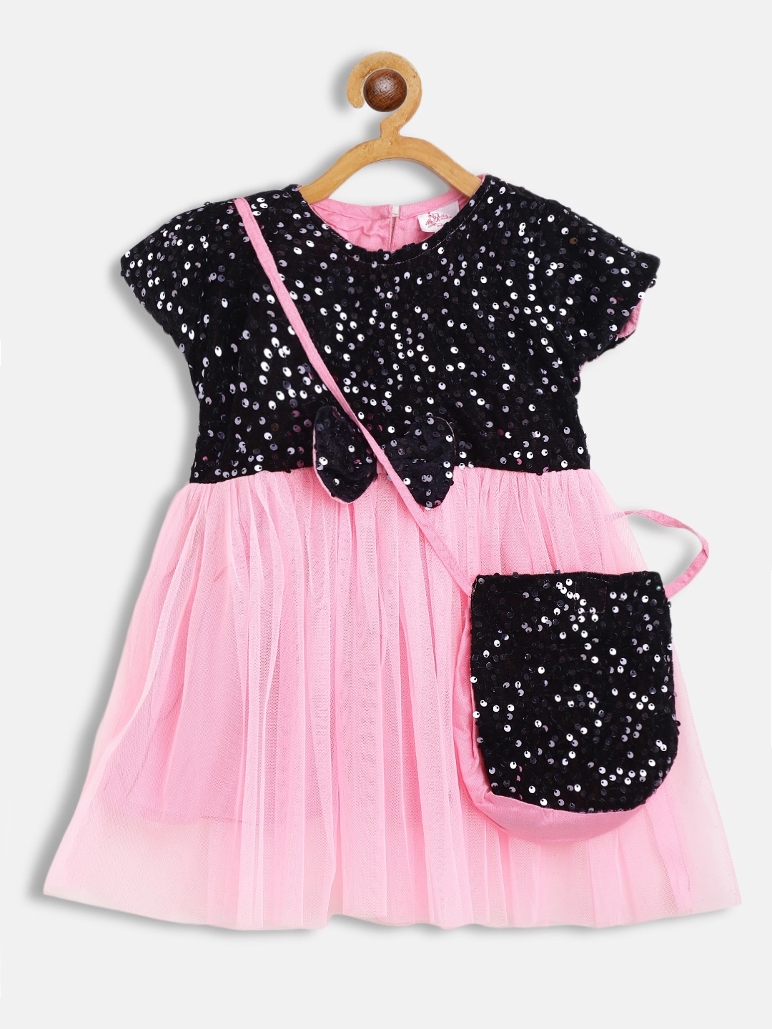 

Bella Moda Pink & Black Embellished Cotton Fit & Flare Dress With Sling Bag