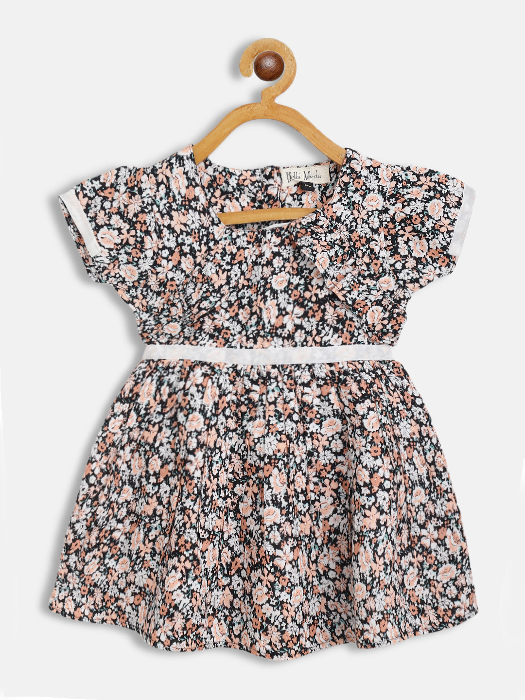 

Bella Moda Peach-Coloured & Black Floral Fit & Flair Cotton Dress