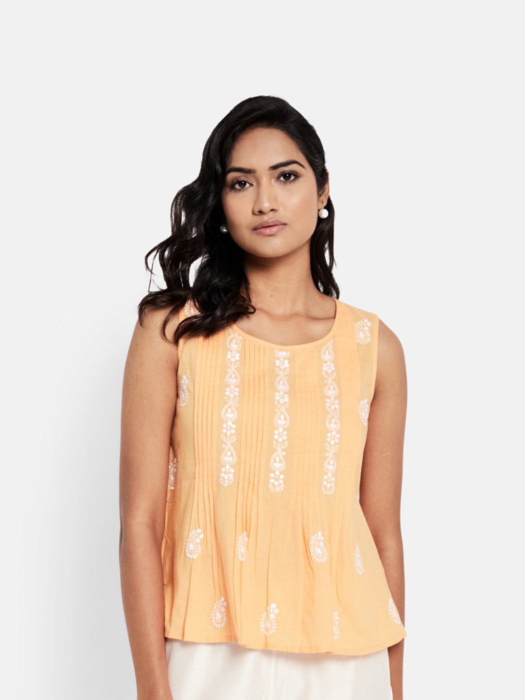 

Fabindia Orange Floral Print Pure Cotton Chikankari Top