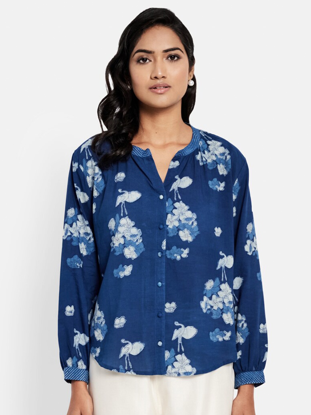 

Fabindia Navy Blue Floral Printed Mandarin Collar Shirt Style Top