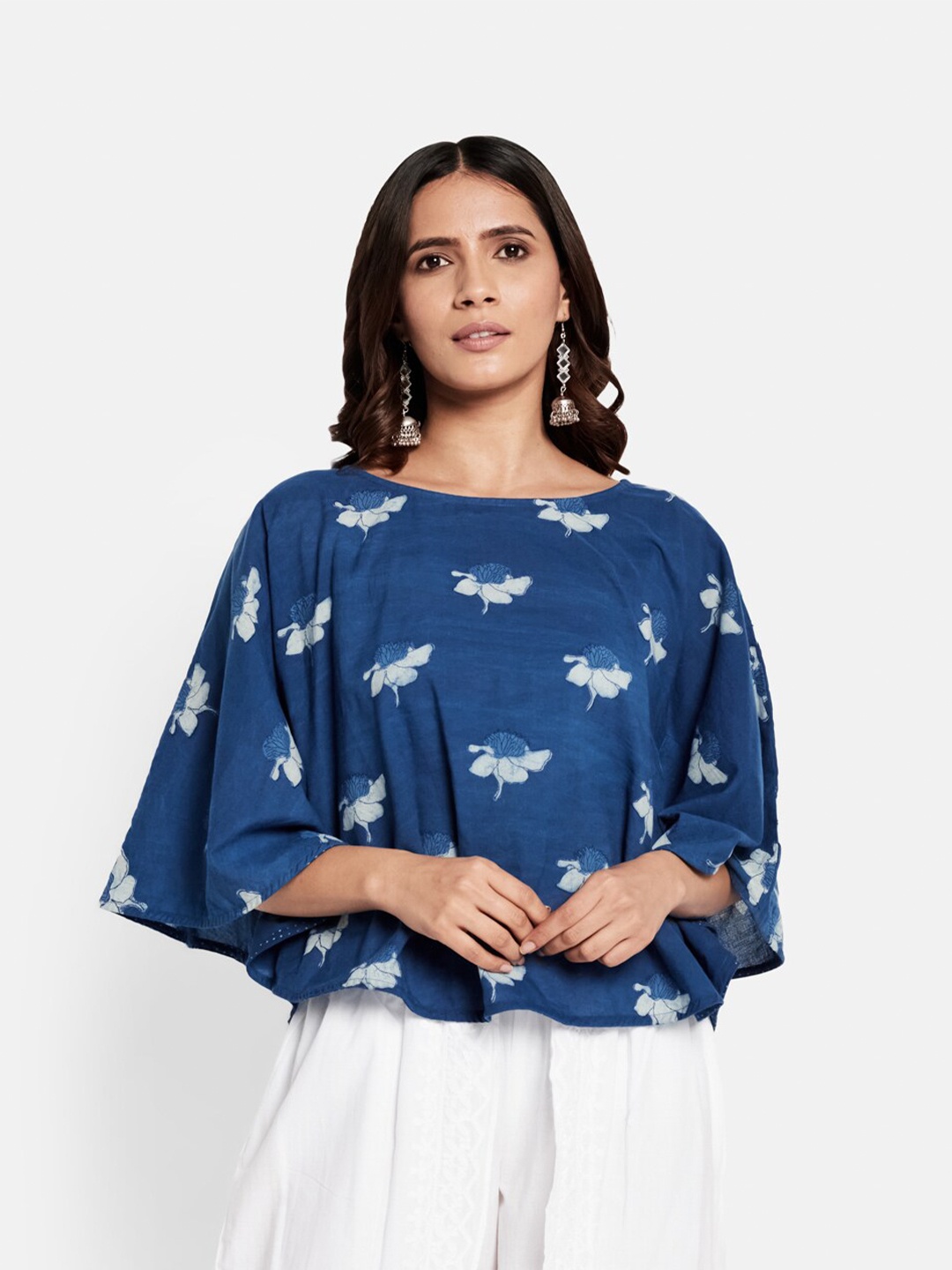

Fabindia Navy Blue Floral Print Batwing Sleeve Cotton Top