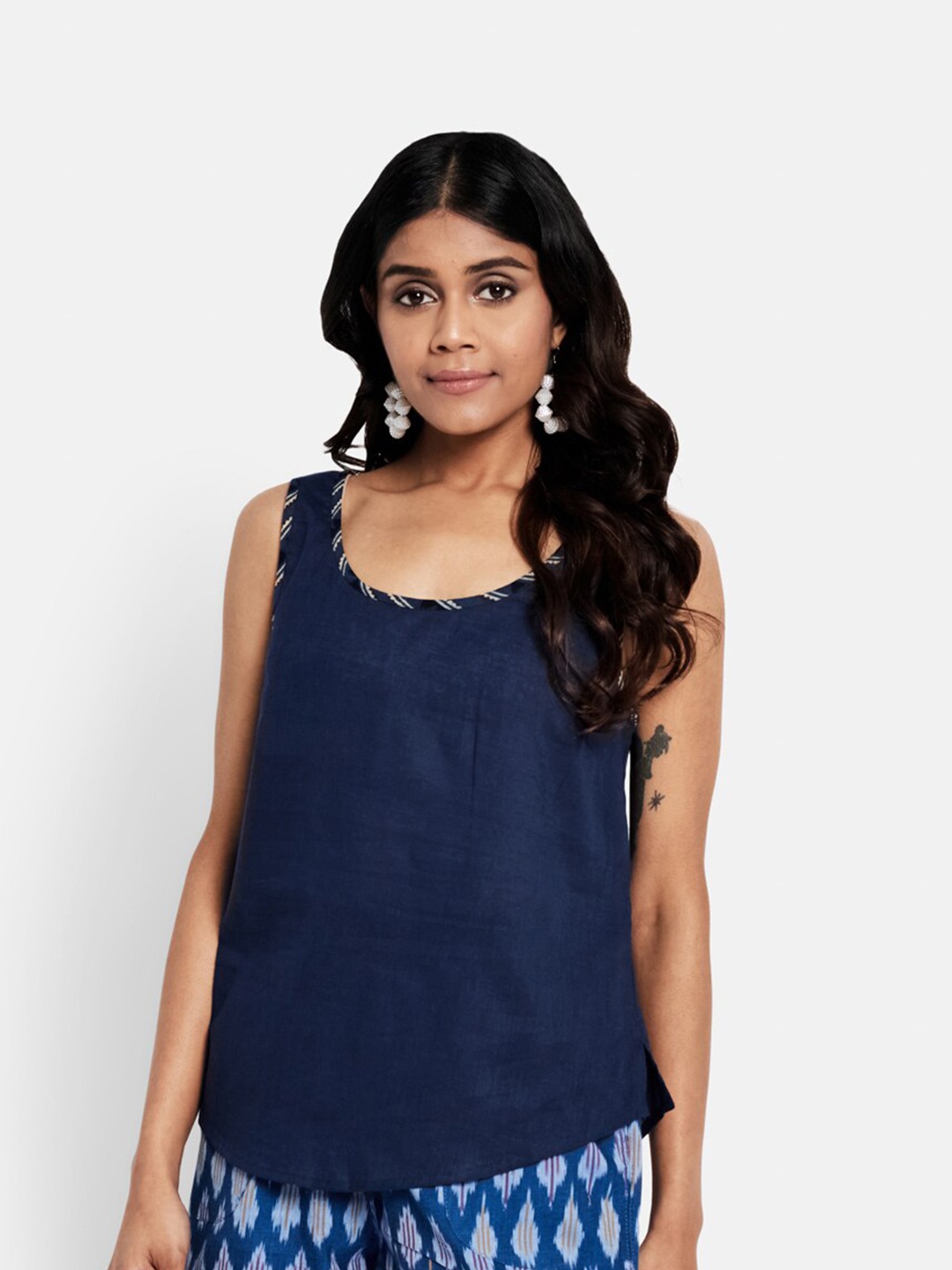 

Fabindia Women Navy Blue Scoop Neck Top