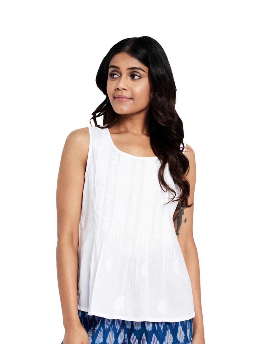 

Fabindia White Embroidered Pure Cotton A-Line Top