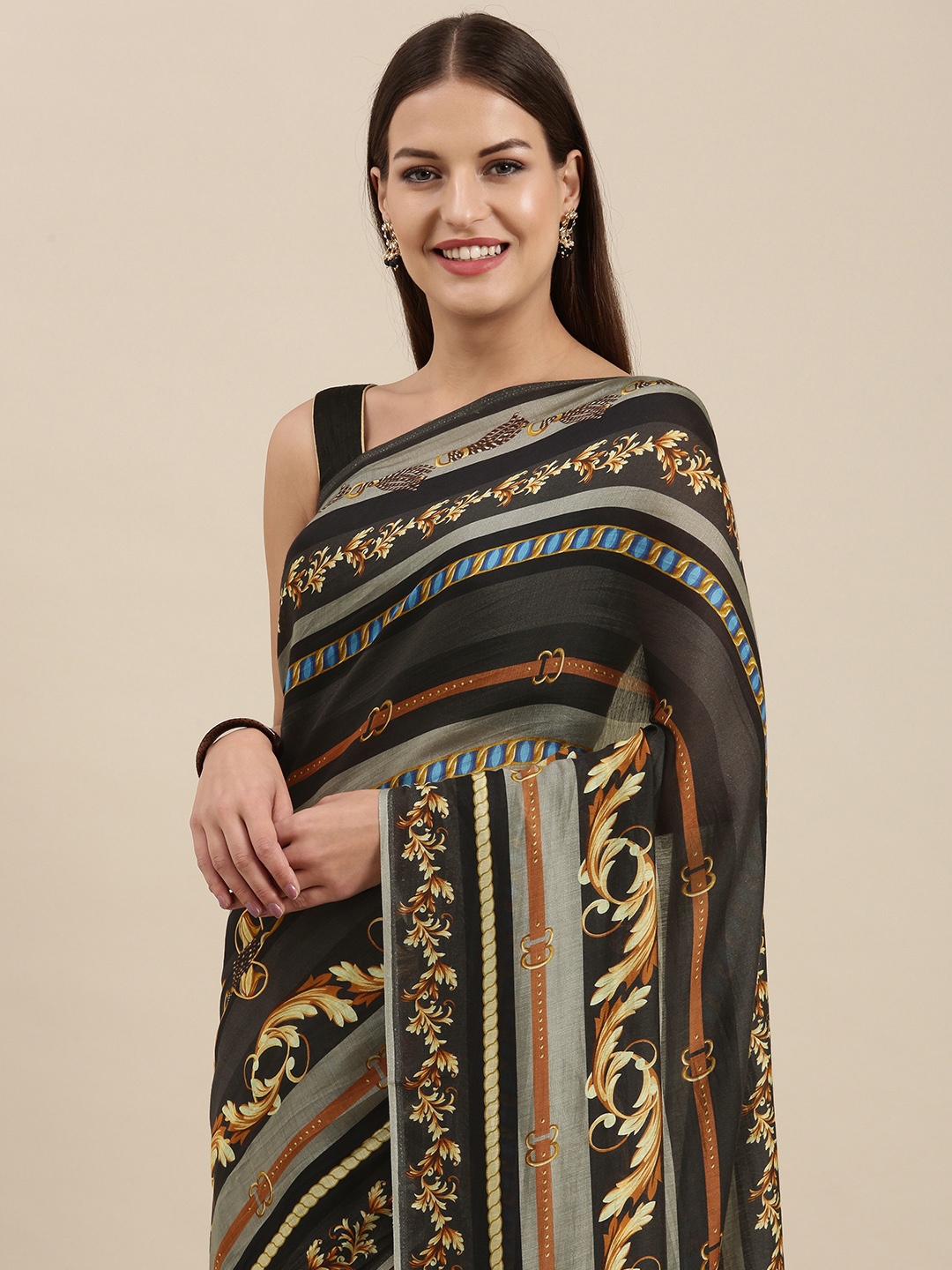 

navyasa by liva Black & Beige Striped Liva Organza Saree