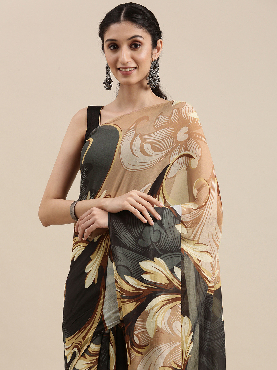 

navyasa by liva Black & Beige Ethnic Motifs Saree