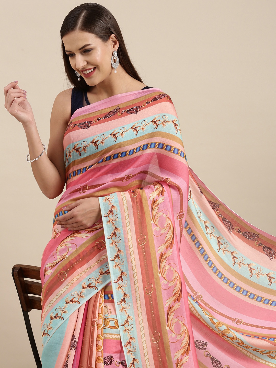 

navyasa by liva Pink & Blue Striped Organza Saree