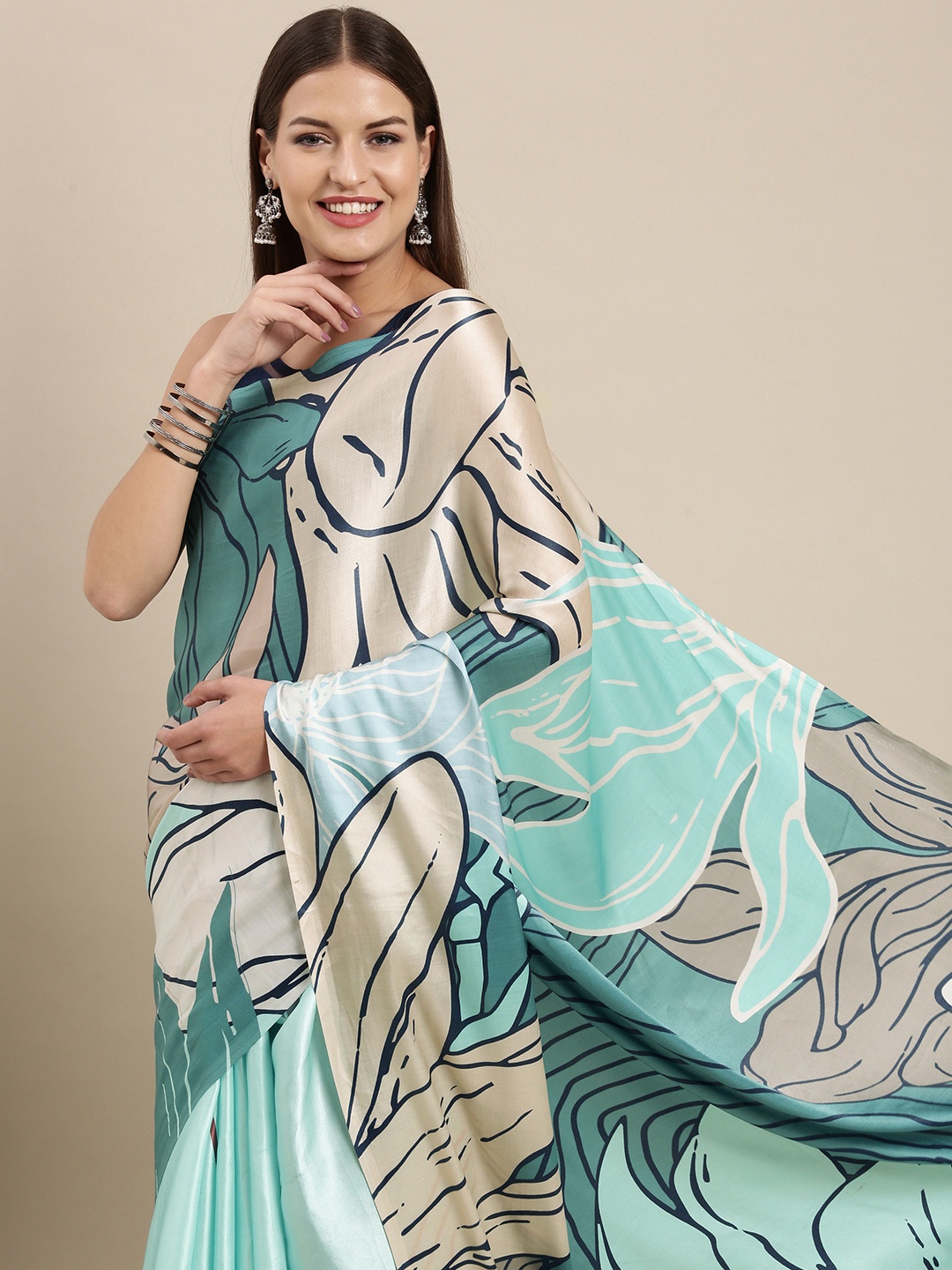 

navyasa Green & Beige Floral Print Liva Satin Saree