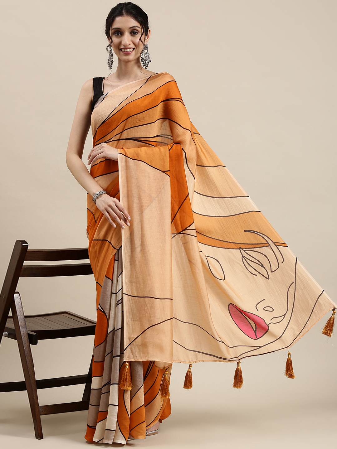 

navyasa Orange Liva Organza Saree