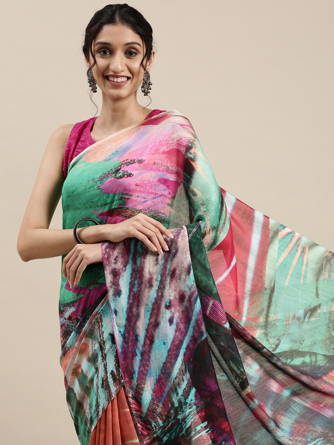 

navyasa by liva Coral Pink & Green Abstract Print Liva Satin Saree