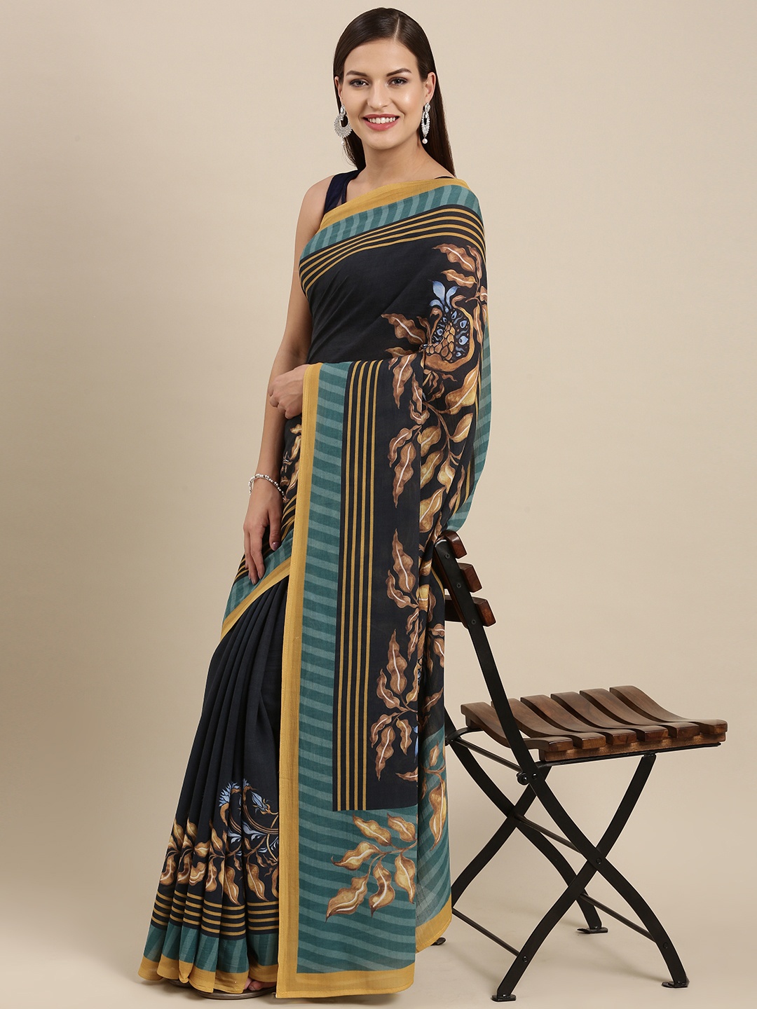 navyasa by liva Black & Brown Ethnic Motifs Printed Liva Georgette Saree