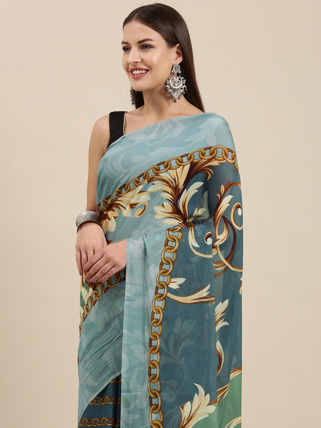 

navyasa by liva Blue & Beige Ethnic Motifs Printed Liva Lite Saree