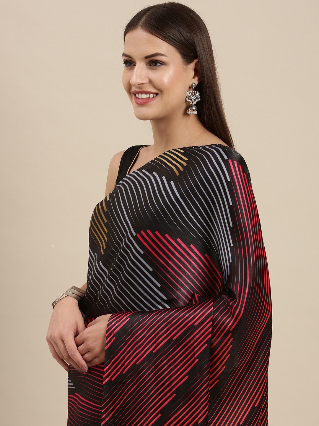 

navyasa by liva Black & Pink Striped Liva Satin Saree