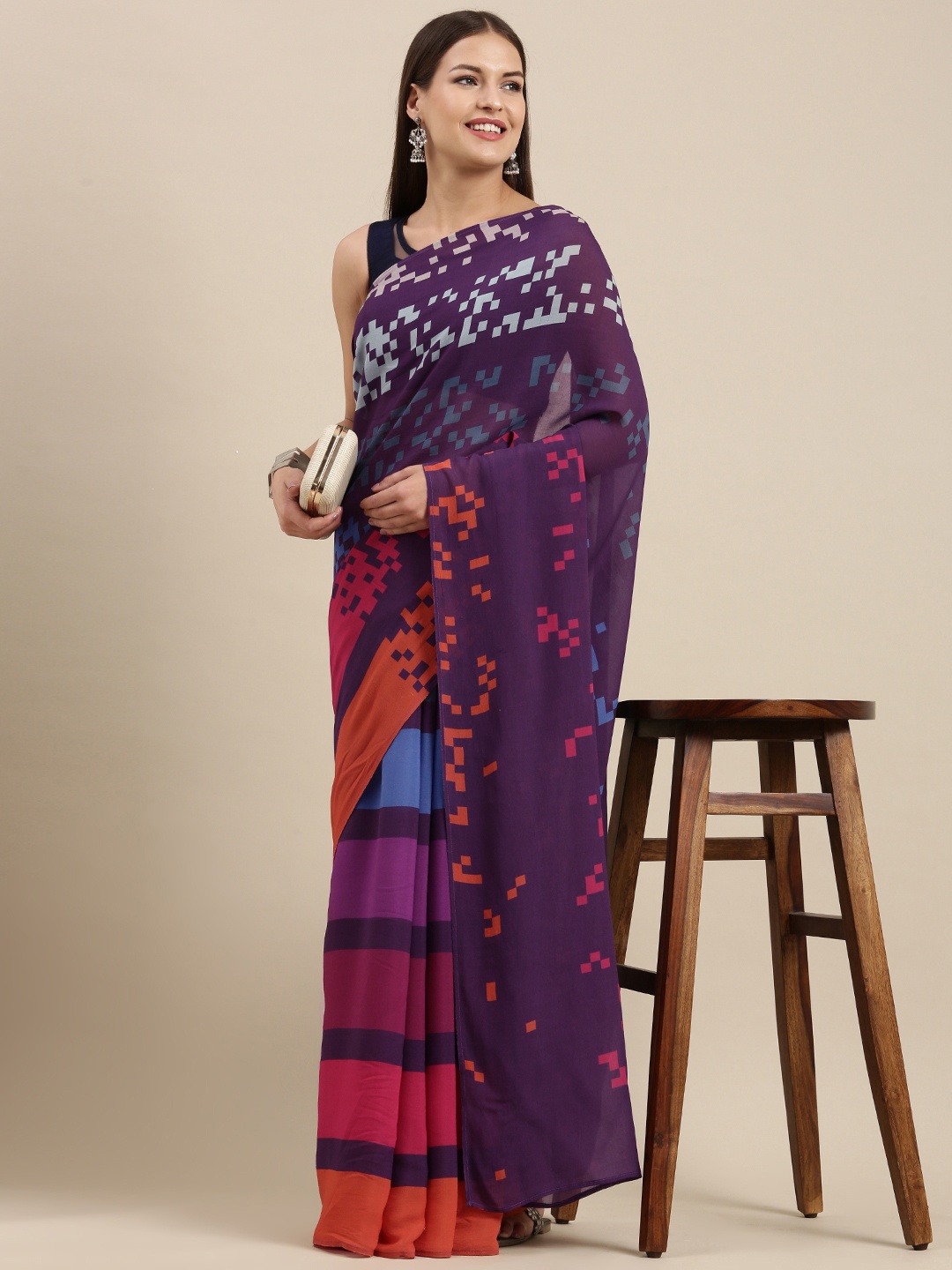 

navyasa Purple & Pink Geometric Print Liva Georgette Saree