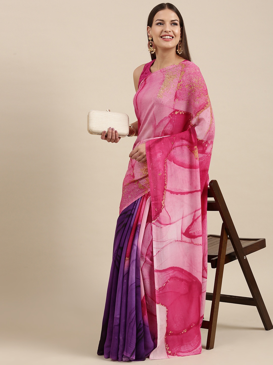 

navyasa Pink & Purple Floral Half and Half Liva Crepe Saree