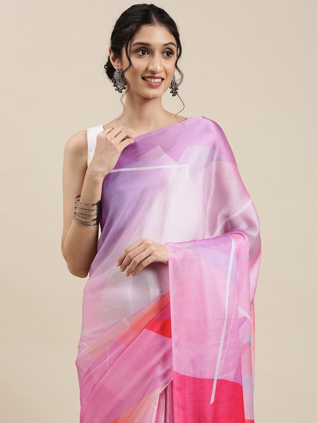 

navyasa by liva Pink & Purple Geometric Printed Liva Satin Saree