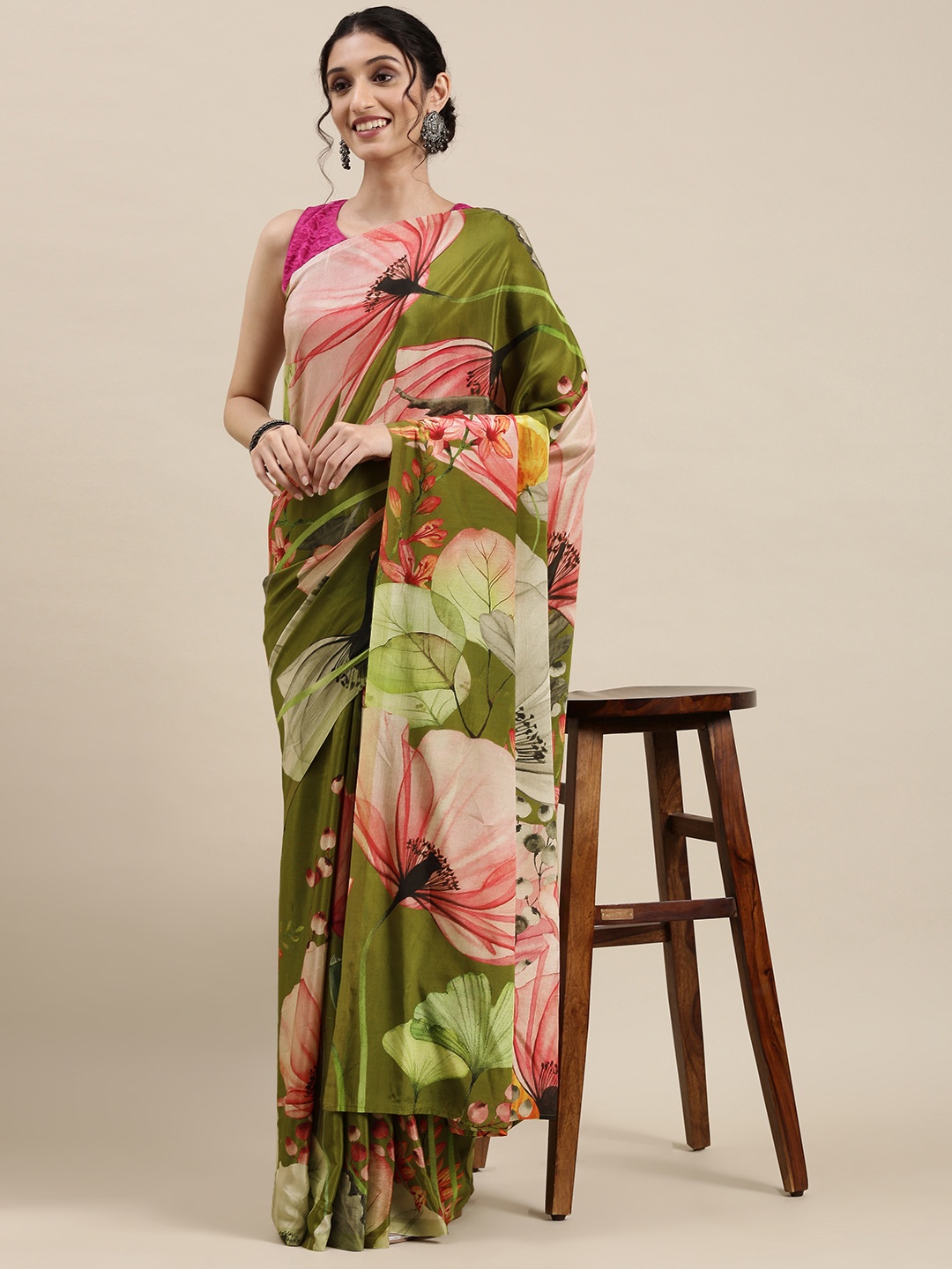 

navyasa Olive Green & Pink Floral Print Liva Crepe Saree