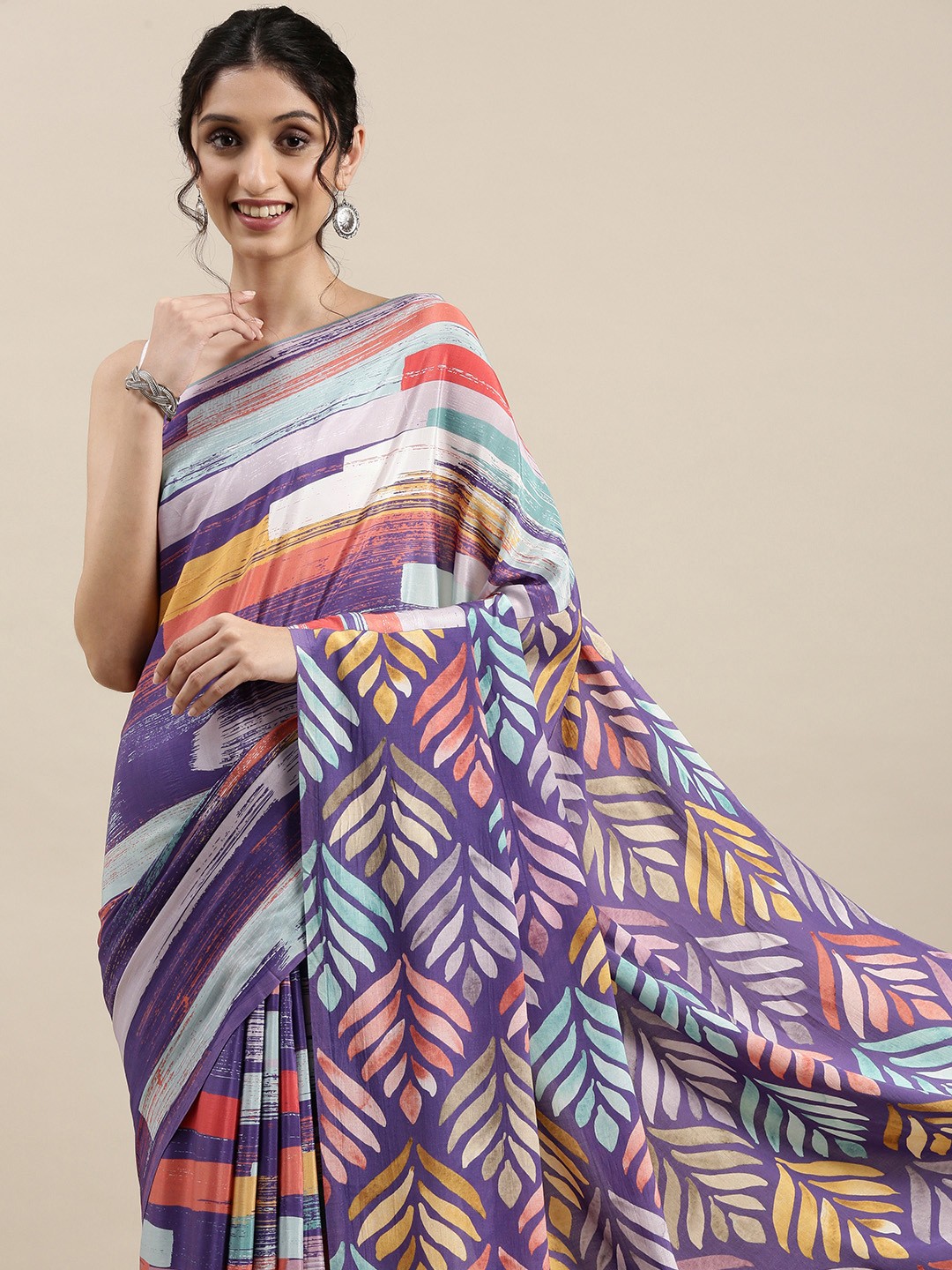 

navyasa Purple & Coral Pink Abstract Printed Saree