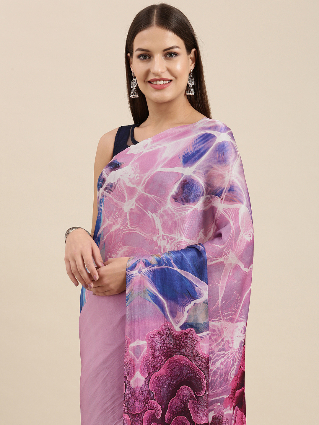 

navyasa Purple & Blue Abstract Print Liva Crepe Saree