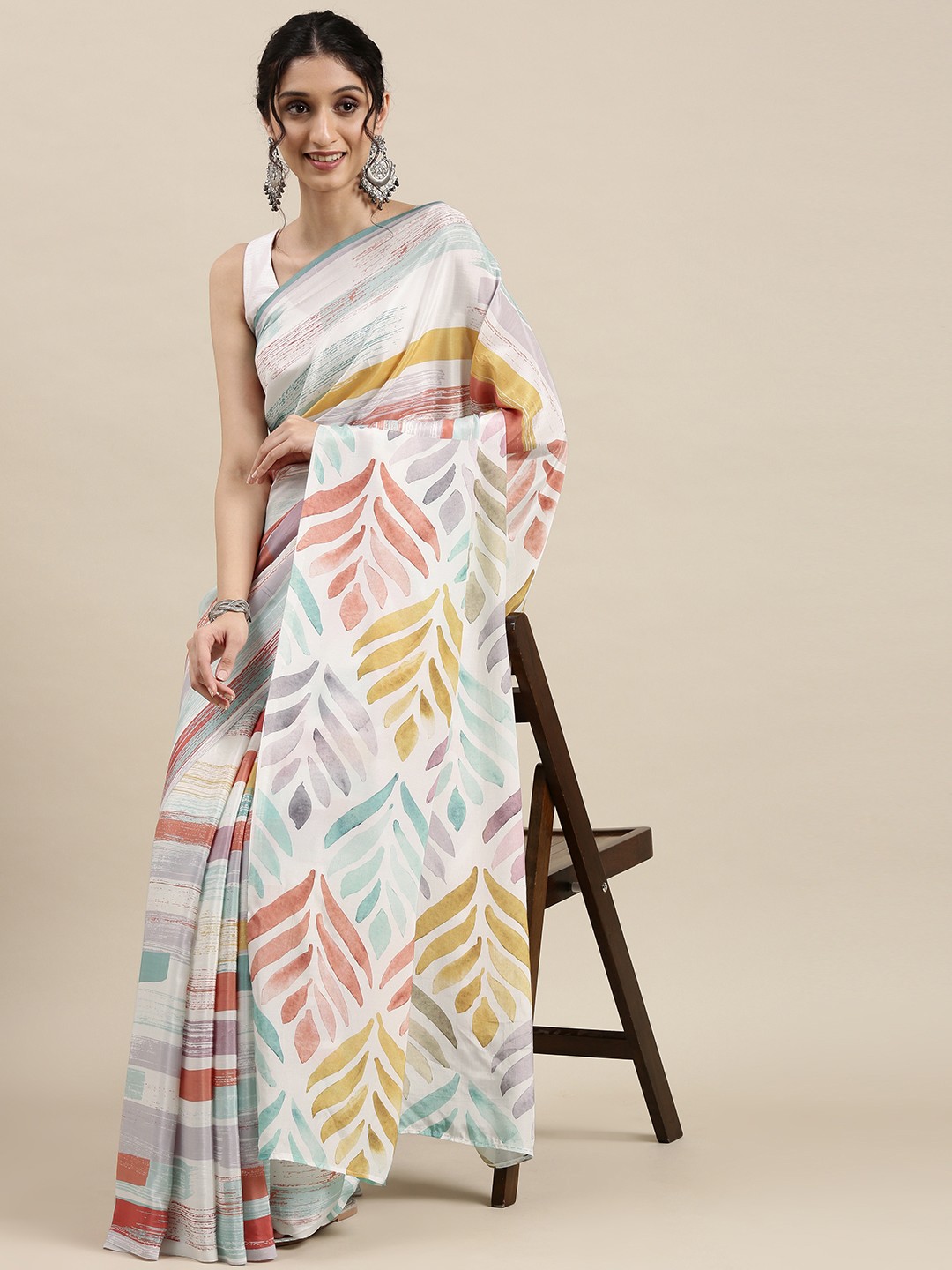 

navyasa White & Yellow Ethnic Motifs Liva Crepe Saree