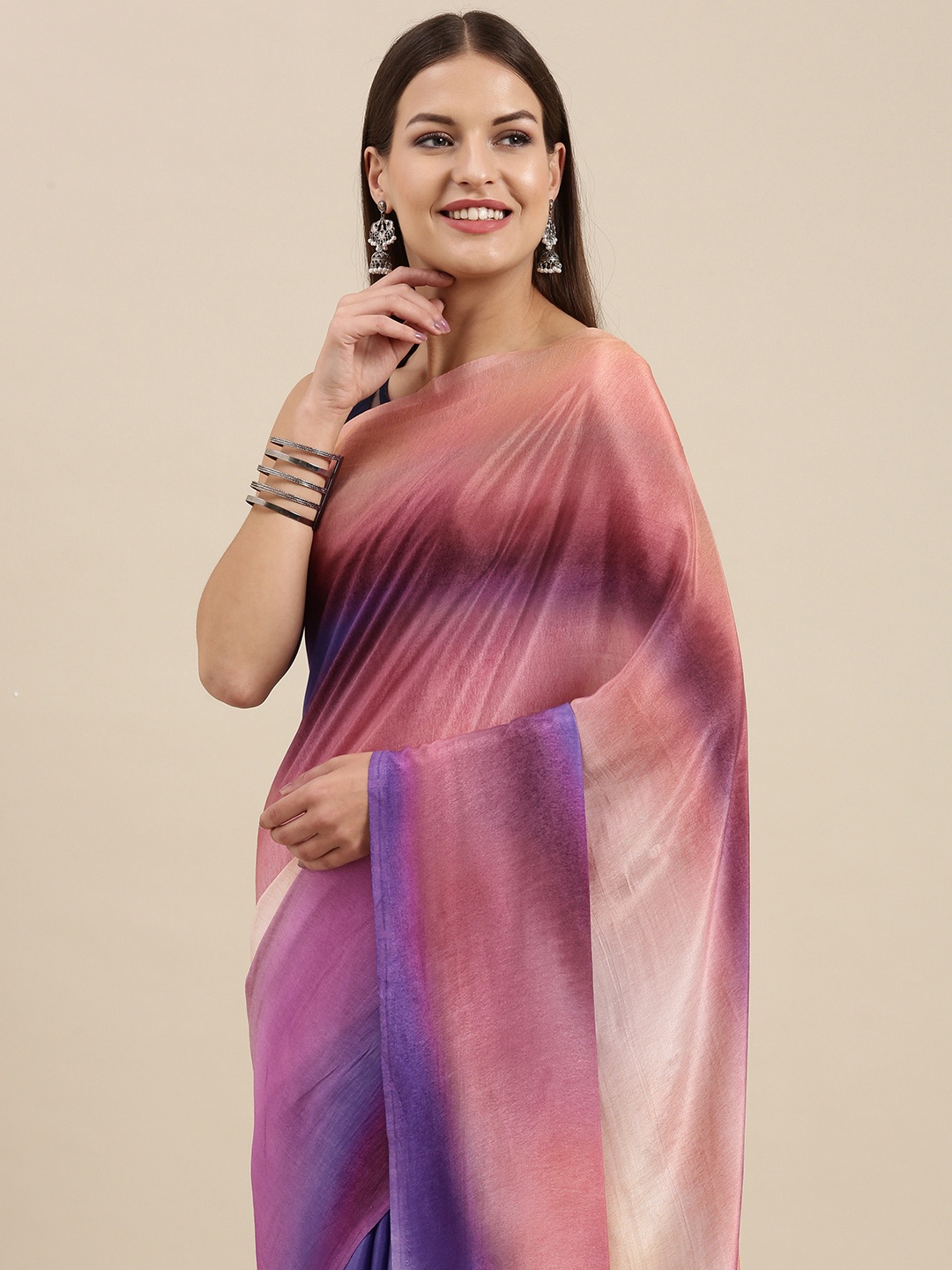 

navyasa by liva Pink & Blue Ombre Effect Satin Saree