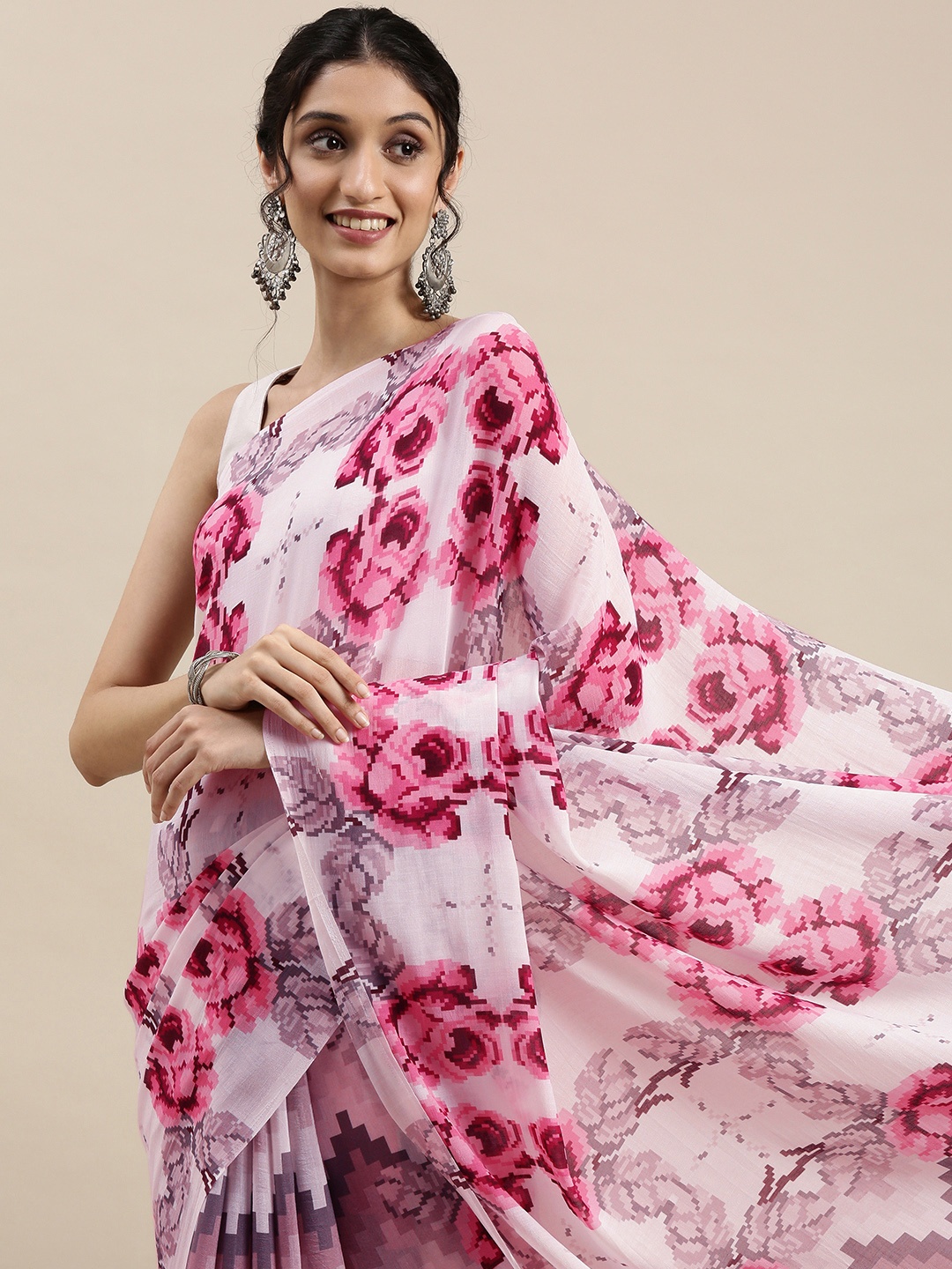 

navyasa by liva White & Pink Floral Liva Georgette Saree