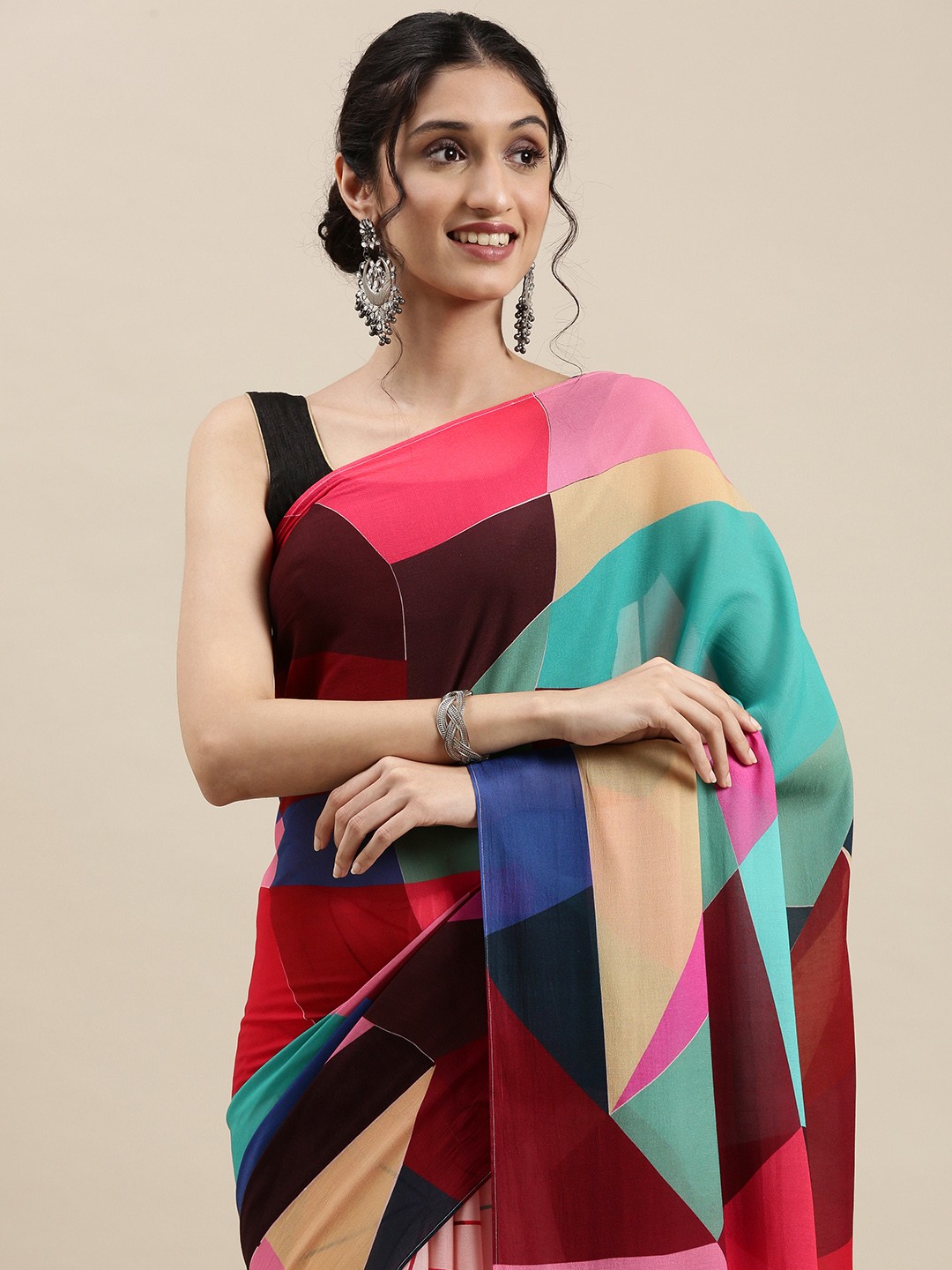 

navyasa Pink & Maroon Geometric Printed Saree