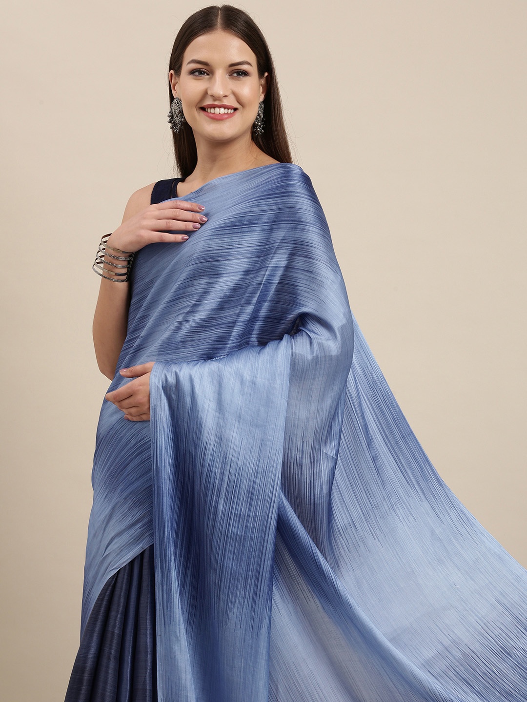 

navyasa by liva Navy Blue Striped Liva Satin Saree