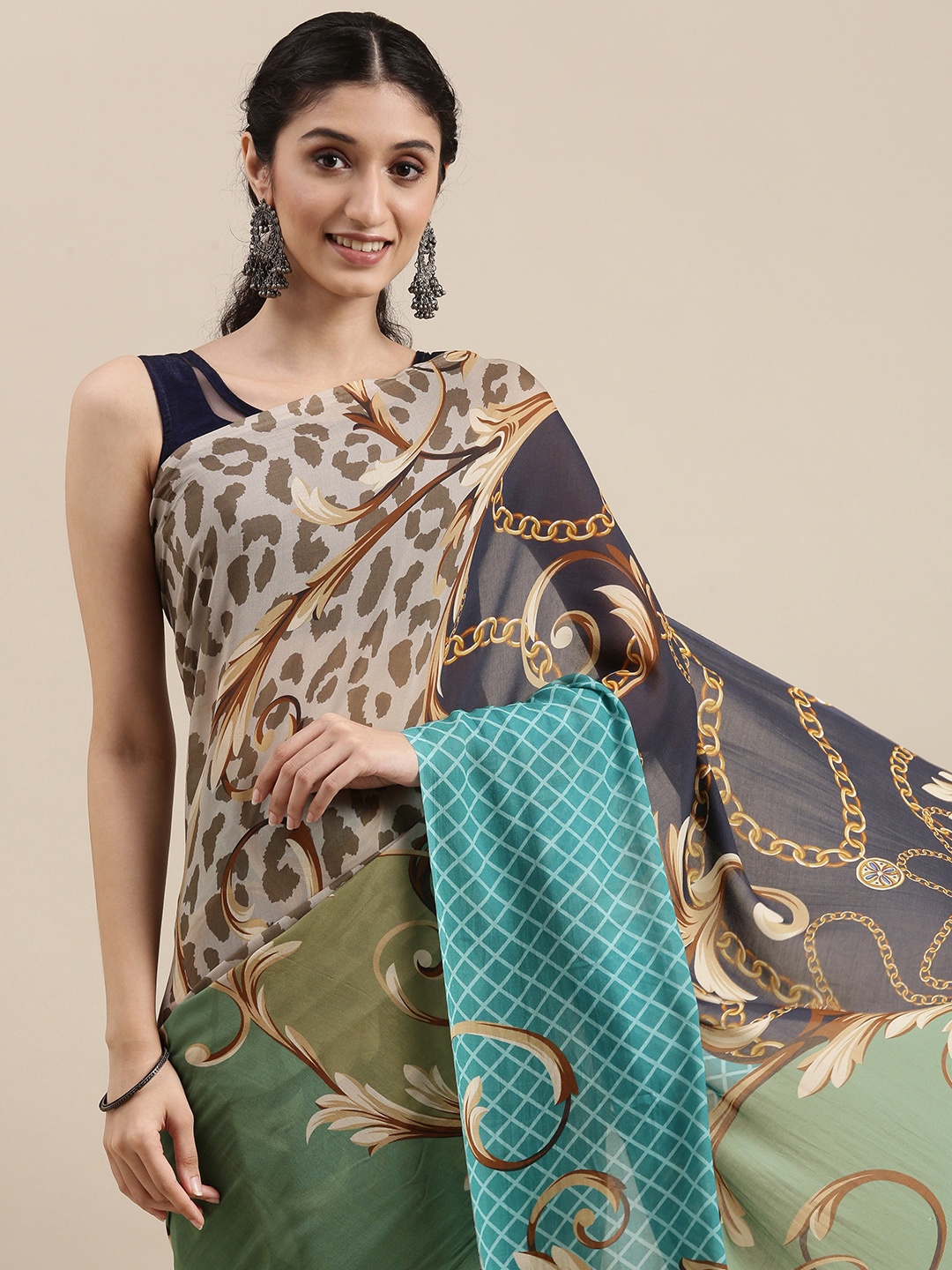 

navyasa by liva Green & Brown Ethnic Motifs Saree