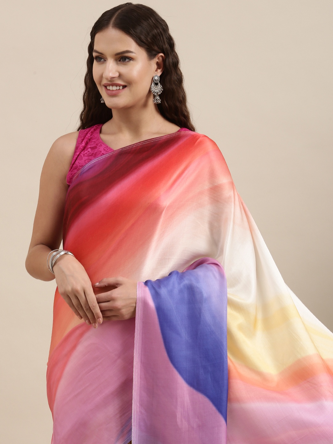 

navyasa by liva Pink & Blue Ombre Liva Satin Saree