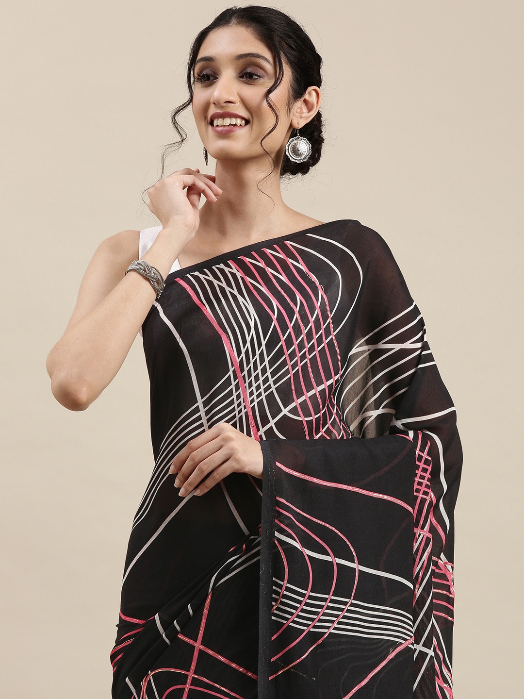 

navyasa by liva Black & White Striped Saree