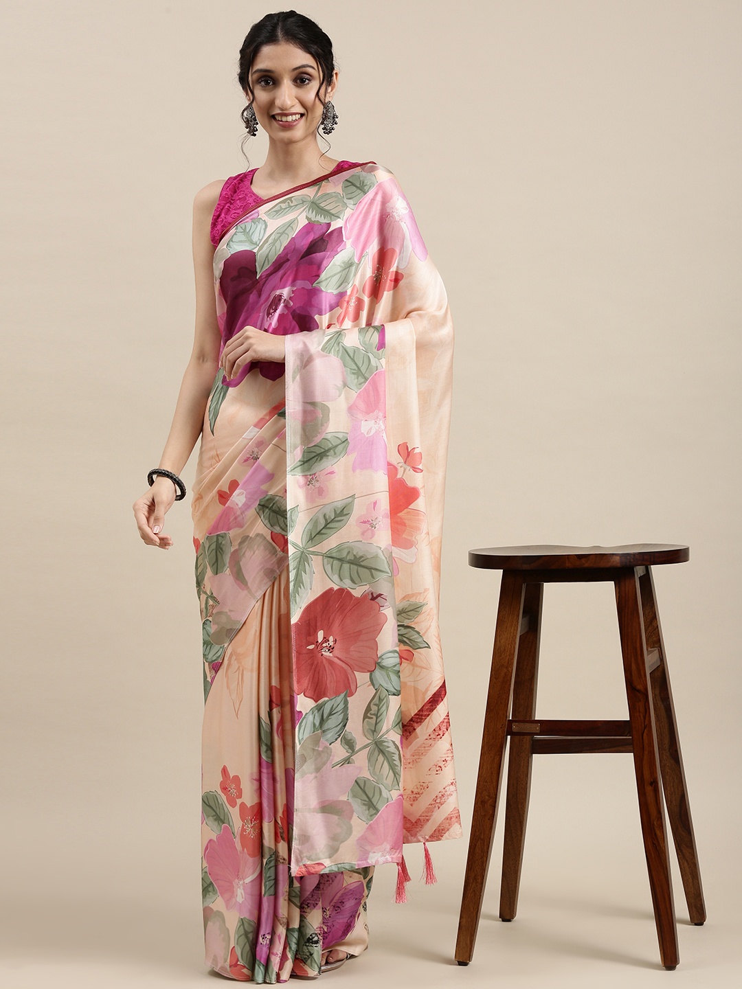 

navyasa Purple & Beige Floral Printed Liva Satin Saree