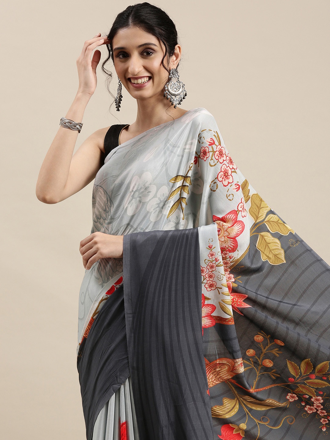 

navyasa by liva Blue & Grey Floral Liva Crepe Saree