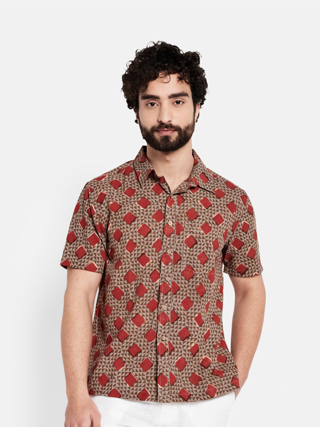 

Fabindia Men Brown Comfort Regular Fit Printed Cotton Casual Shirt