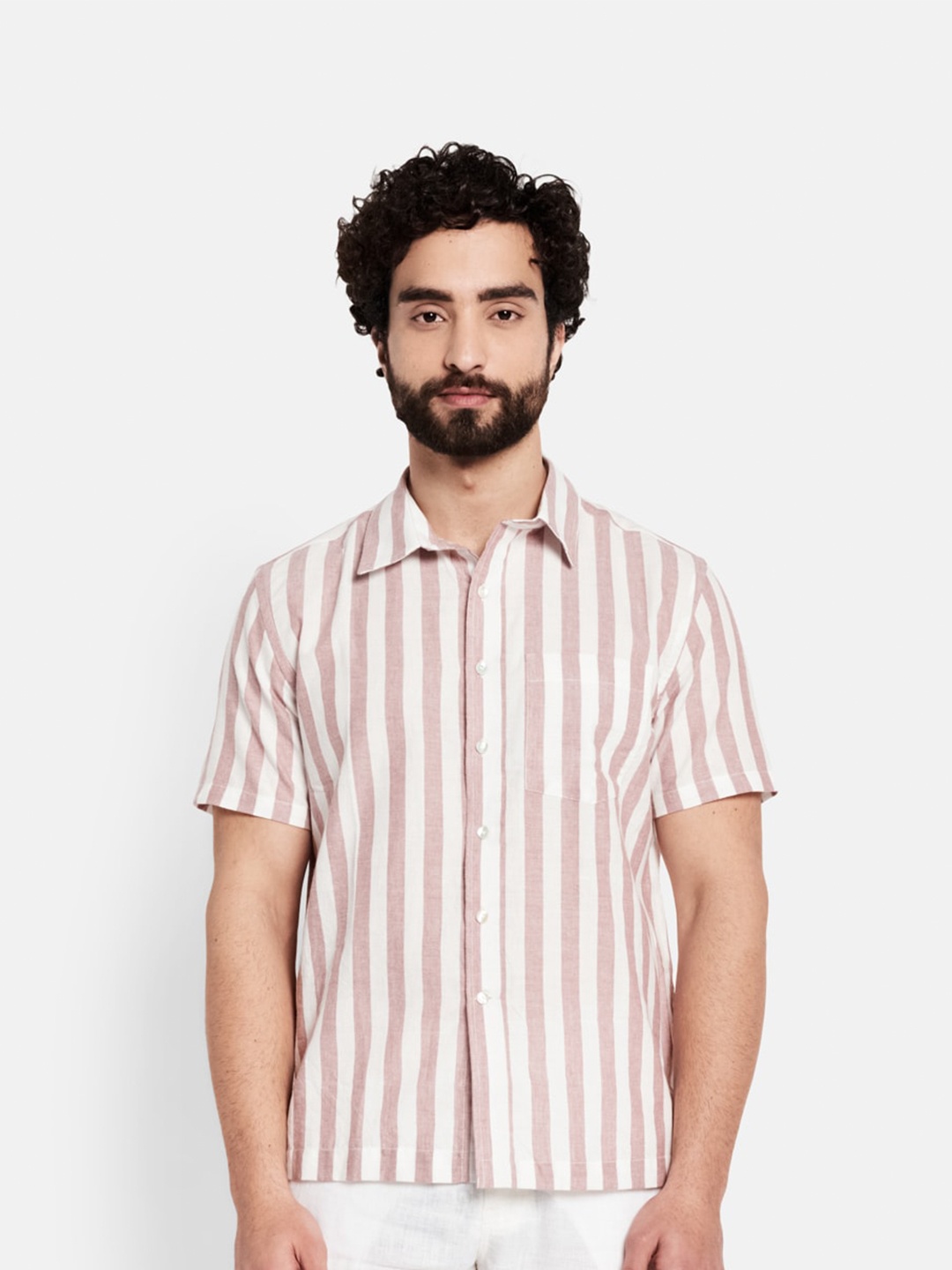 

Fabindia Men Pink & White Striped Comfort Regular Fit Cotton Casual Shirt