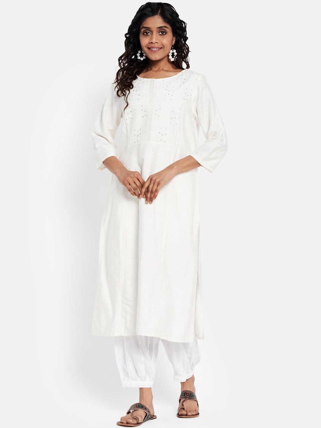 

Fabindia Women Off White Ethnic Motifs Embroidered Kurta