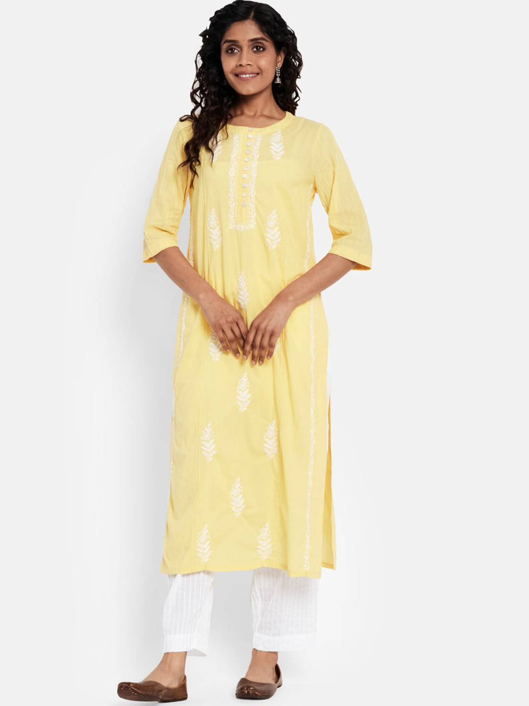 

Fabindia Women Yellow Chikankari Kurta