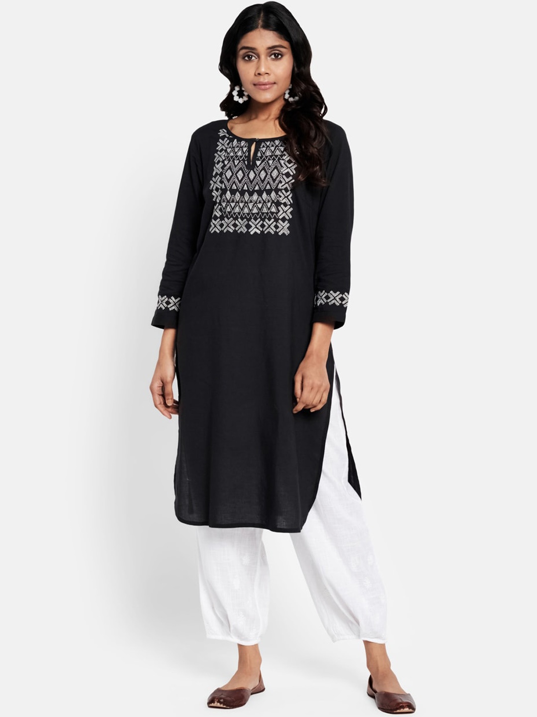 

Fabindia Women Black Chikankari Yoke Design Keyhole Neck Kurta