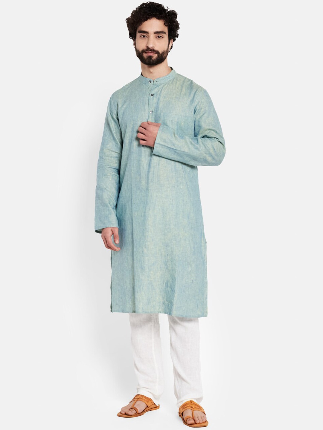 

Fabindia Men Blue Solid Linen Kurta