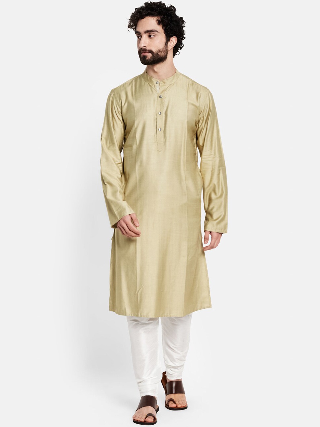 

Fabindia Men Gold-Colored Solid Mandarin Collar Straight Kurta