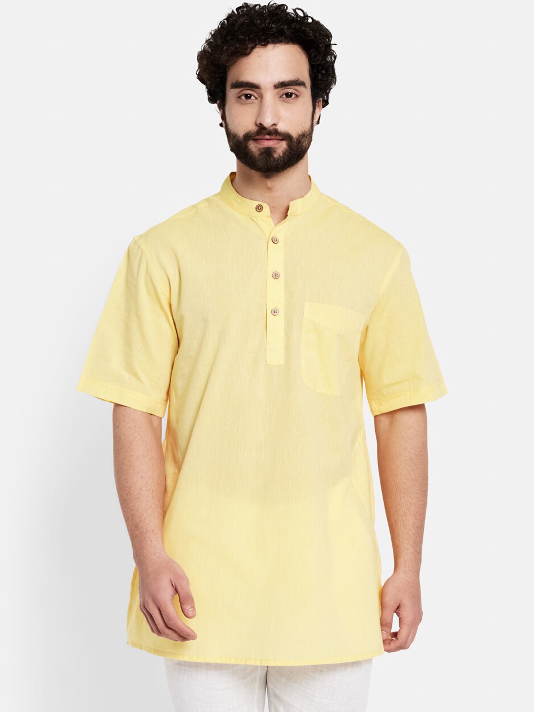 

Fabindia Men Yellow Straight Mandarin Collar Cotton Short Straight Kurta
