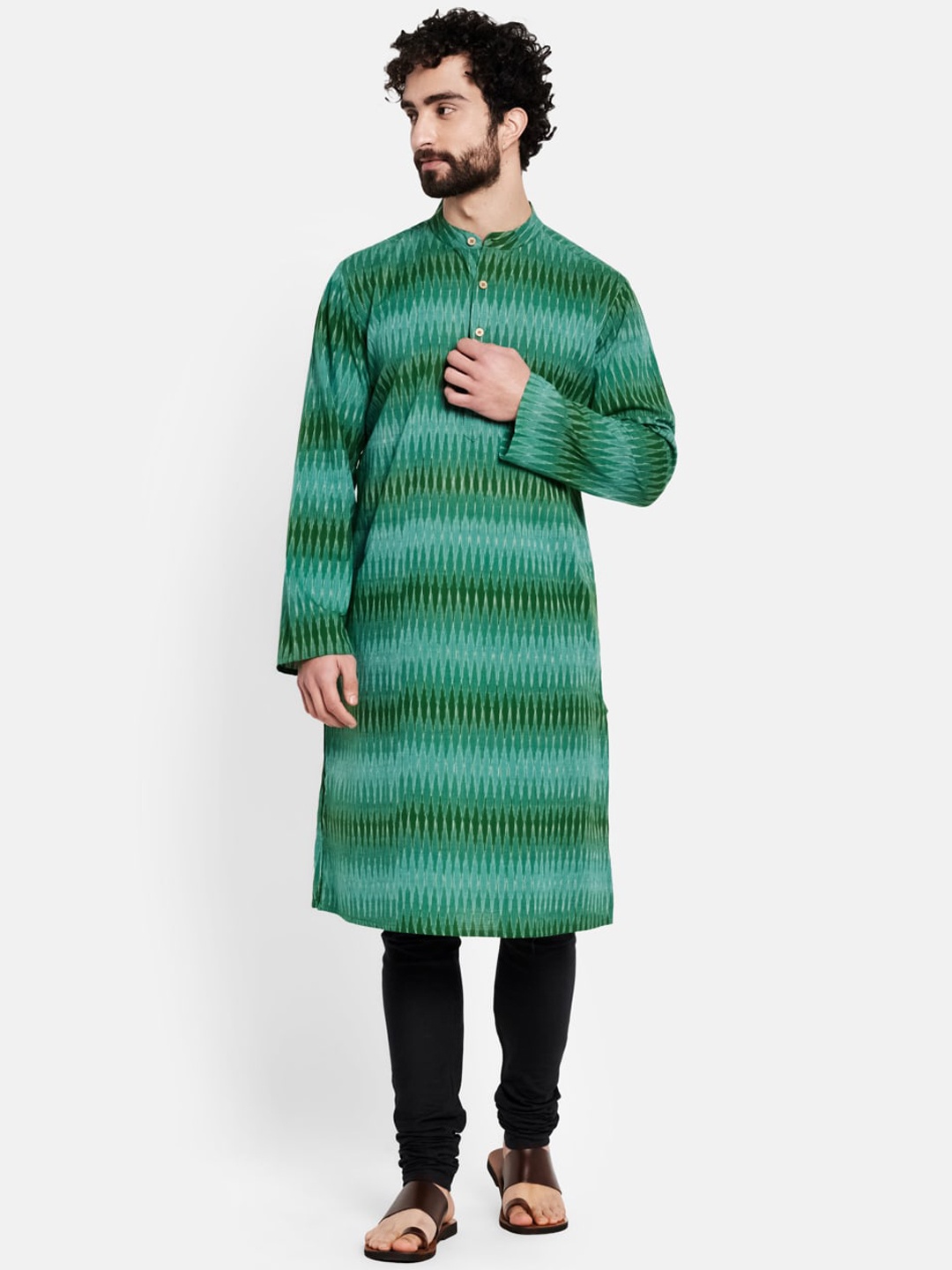 

Fabindia Men Green Ikat Printed Kurta